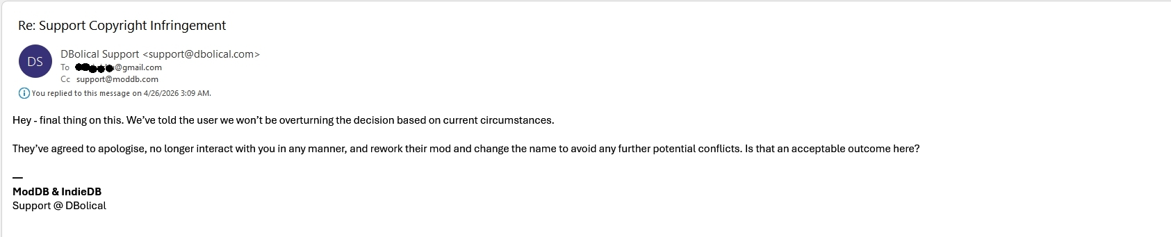 ModDB appeal-rejected email, 2026-04-26