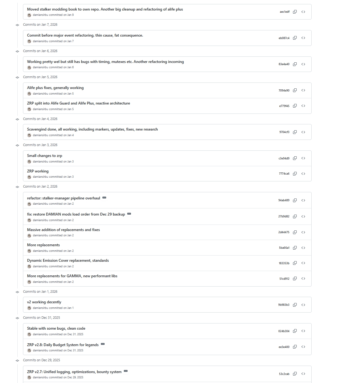 Commit history showing ZRP to AlifePlus evolution